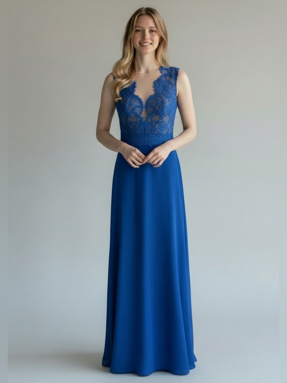 Tadashi Shoji Blue Wilhelmina Illusion Lace Gown Dress